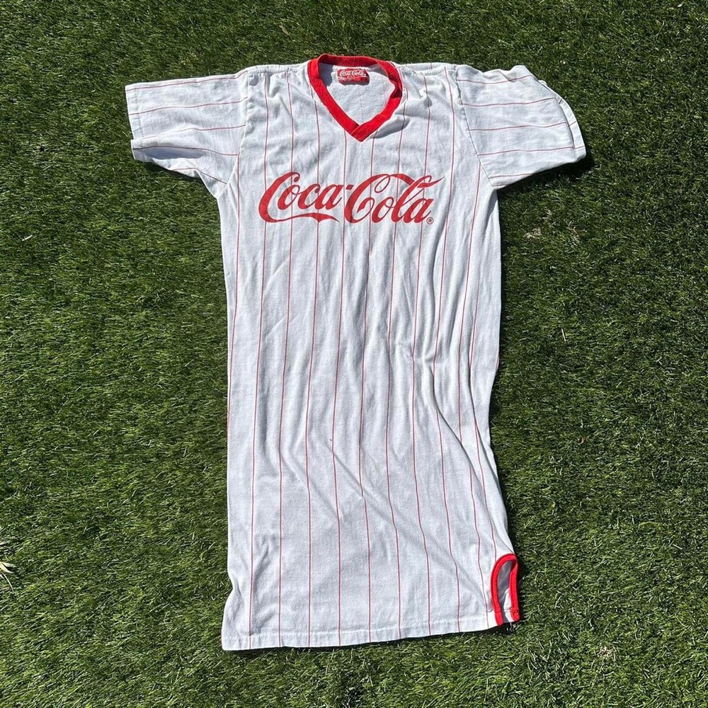 Vintage 80s Coca-Cola Baseball T-Shirt Dress / night shirt red and white striped